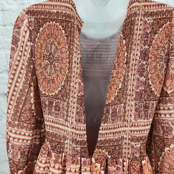 Bohme Kinsley Printed Smocked Tiered Long Sleeve Boho Midi Dress Women's Small - Picture 11 of 16
